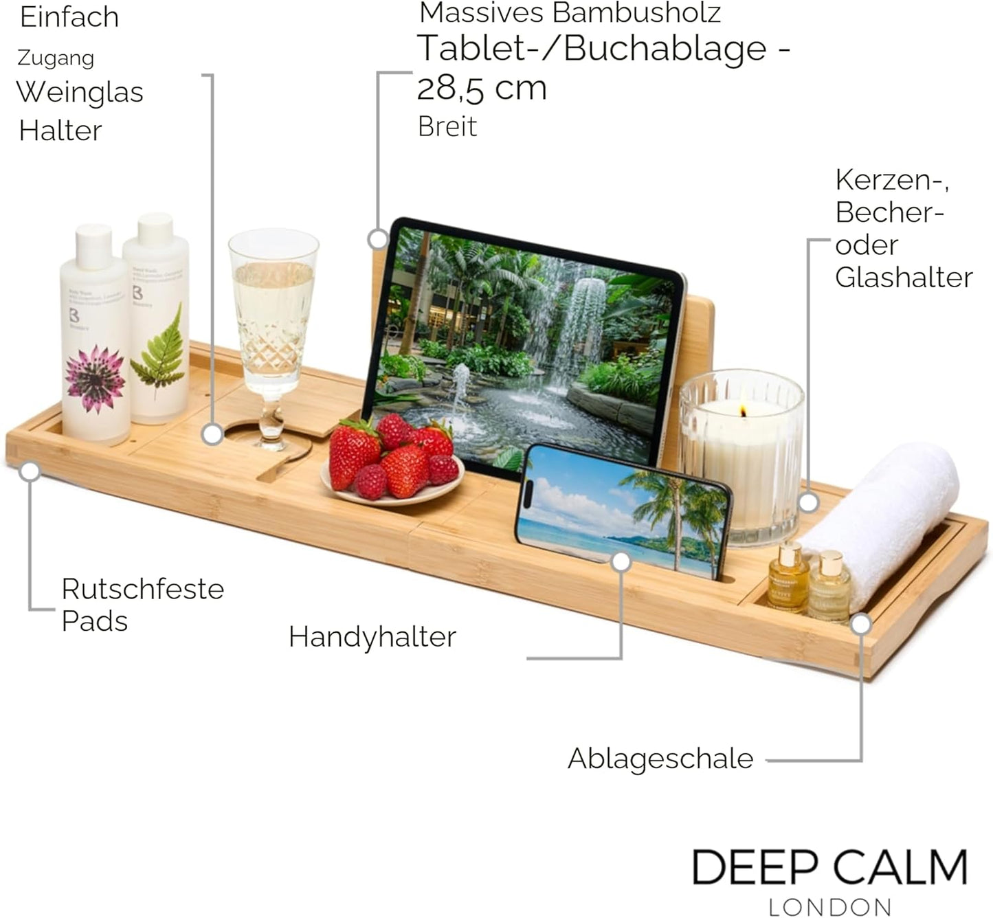 Badewannenablage - Verstellbares Bambus-Badewannenbrett - Rutschfeste Badewannenablage Passend Für Die Meisten Badewannen - Hält Buch, Ipad, Telefon, Glas, Kerze