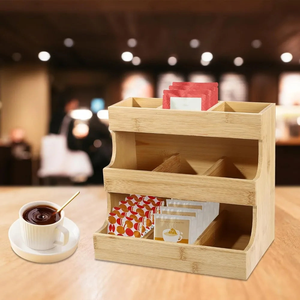 Qussse Bamboo Tea Bag Holder 9 Compartments 3 Floors Tea Bag Storage Organizer for Households Offices Cafes Tea Houses