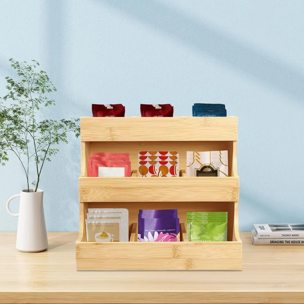 Qussse Bamboo Tea Bag Holder 9 Compartments 3 Floors Tea Bag Storage Organizer for Households Offices Cafes Tea Houses