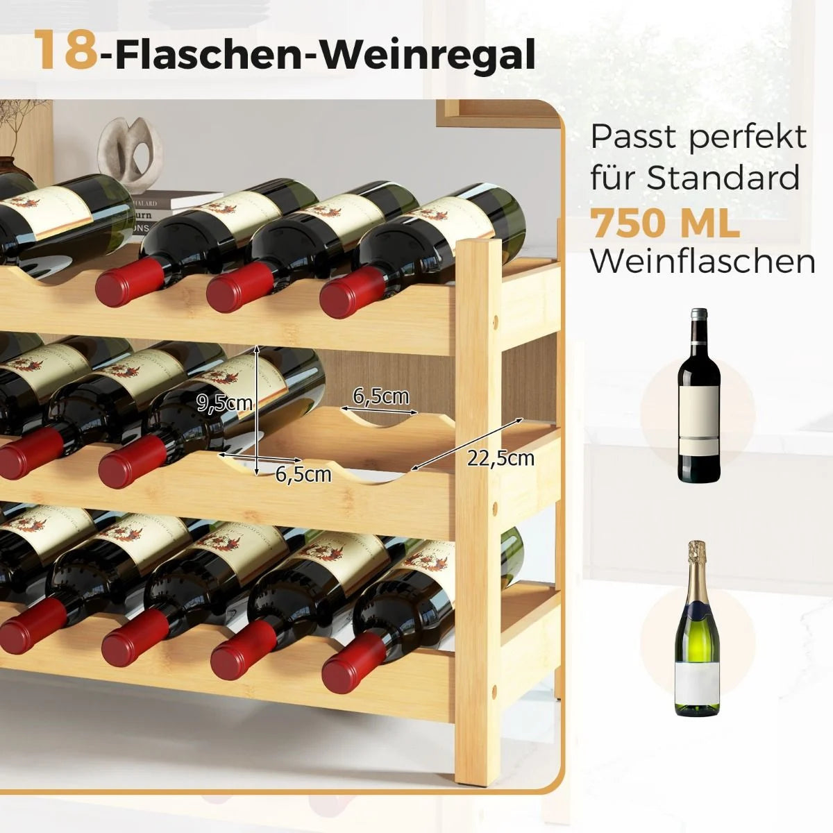 3 Ebenen Weinregal Bambus Weinständer Für 18 Flaschen 62 X 24 X 38 Cm Natur