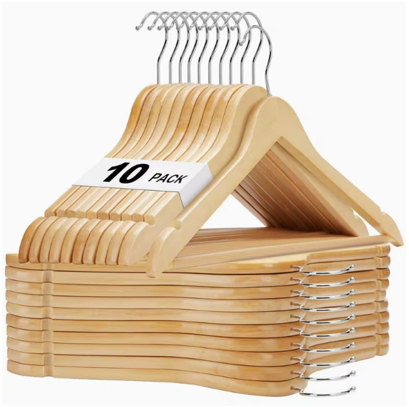 Wooden Hangers 10 Pack, Solid Wood Hanger with Non Slip Pant Bar, Heavy Duty