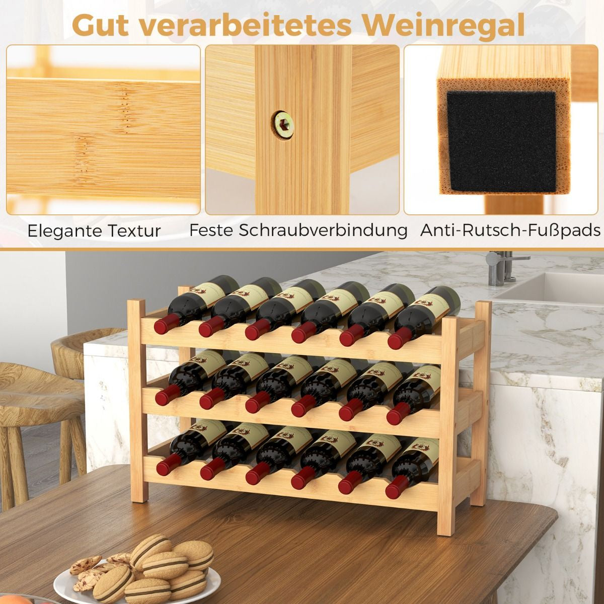 3 Ebenen Weinregal Bambus Weinständer Für 18 Flaschen 62 X 24 X 38 Cm Natur