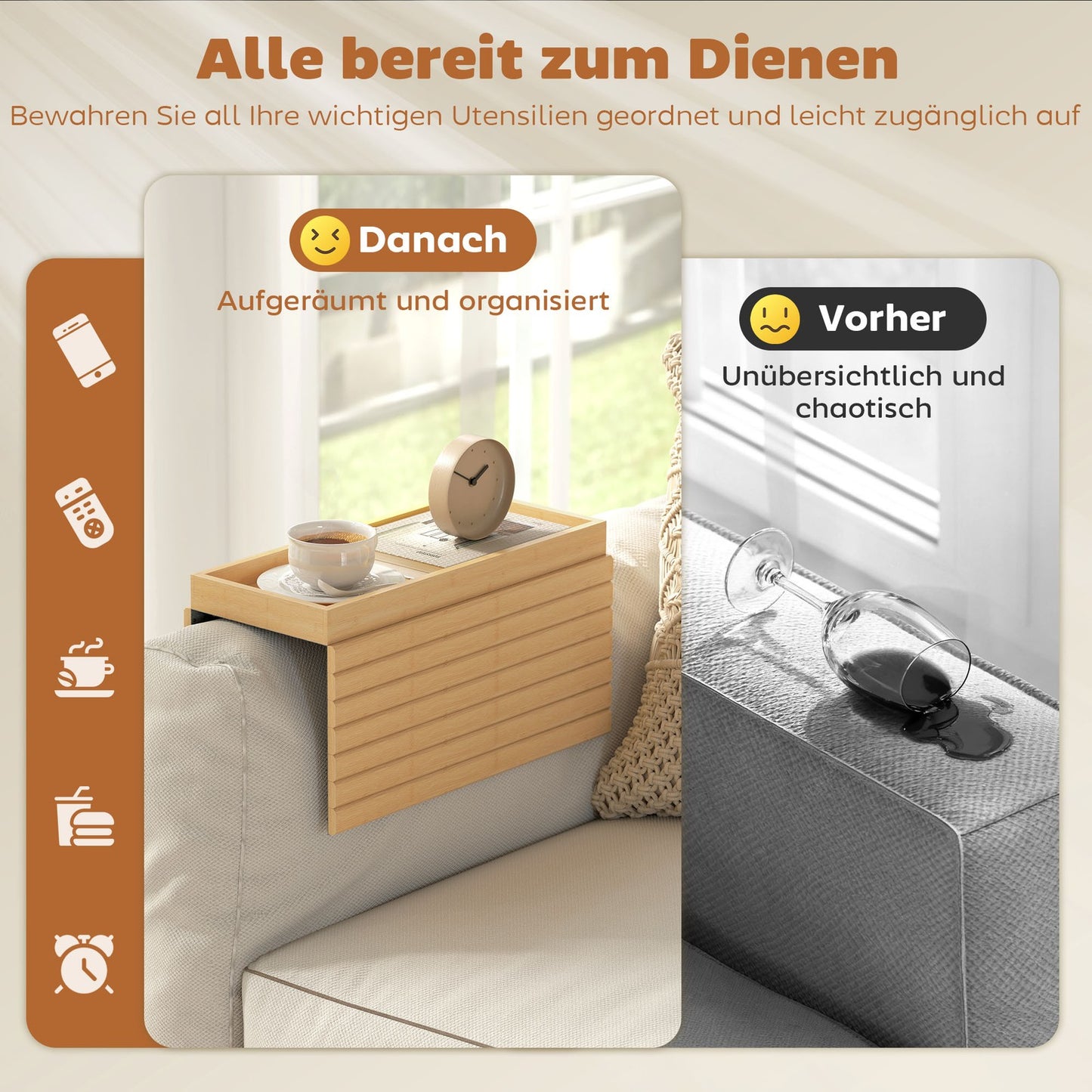 Sofatablett Armlehne Bambus Klappbar Sofa Tablett Mit Getränkehalter Anti-Rutsch