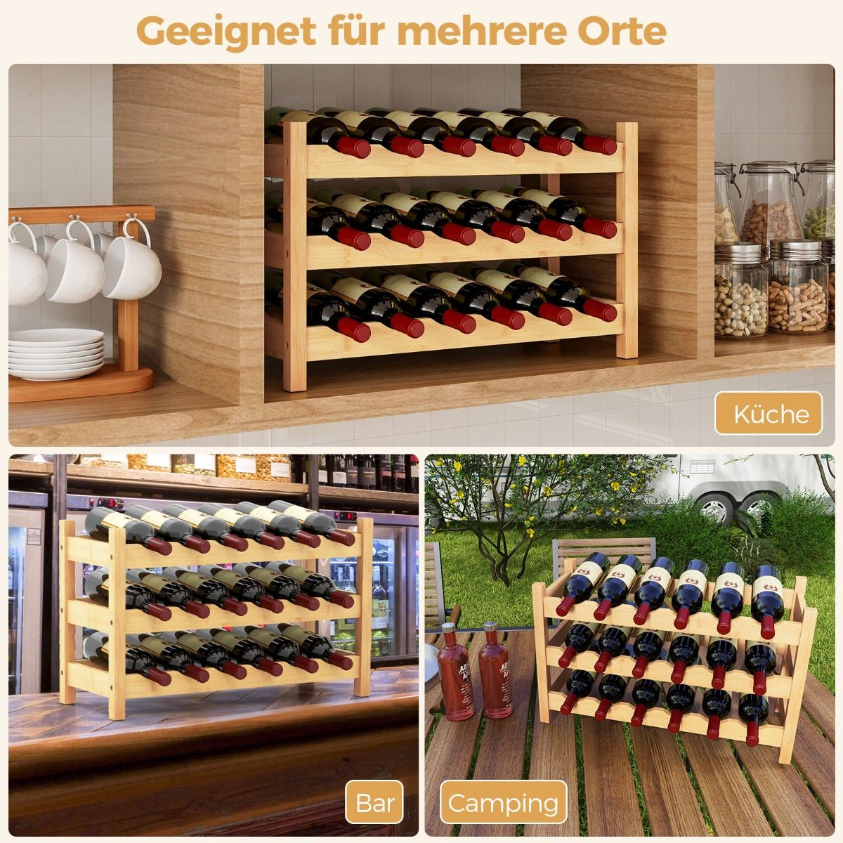 3 Ebenen Weinregal Bambus Weinständer Für 18 Flaschen 62 X 24 X 38 Cm Natur
