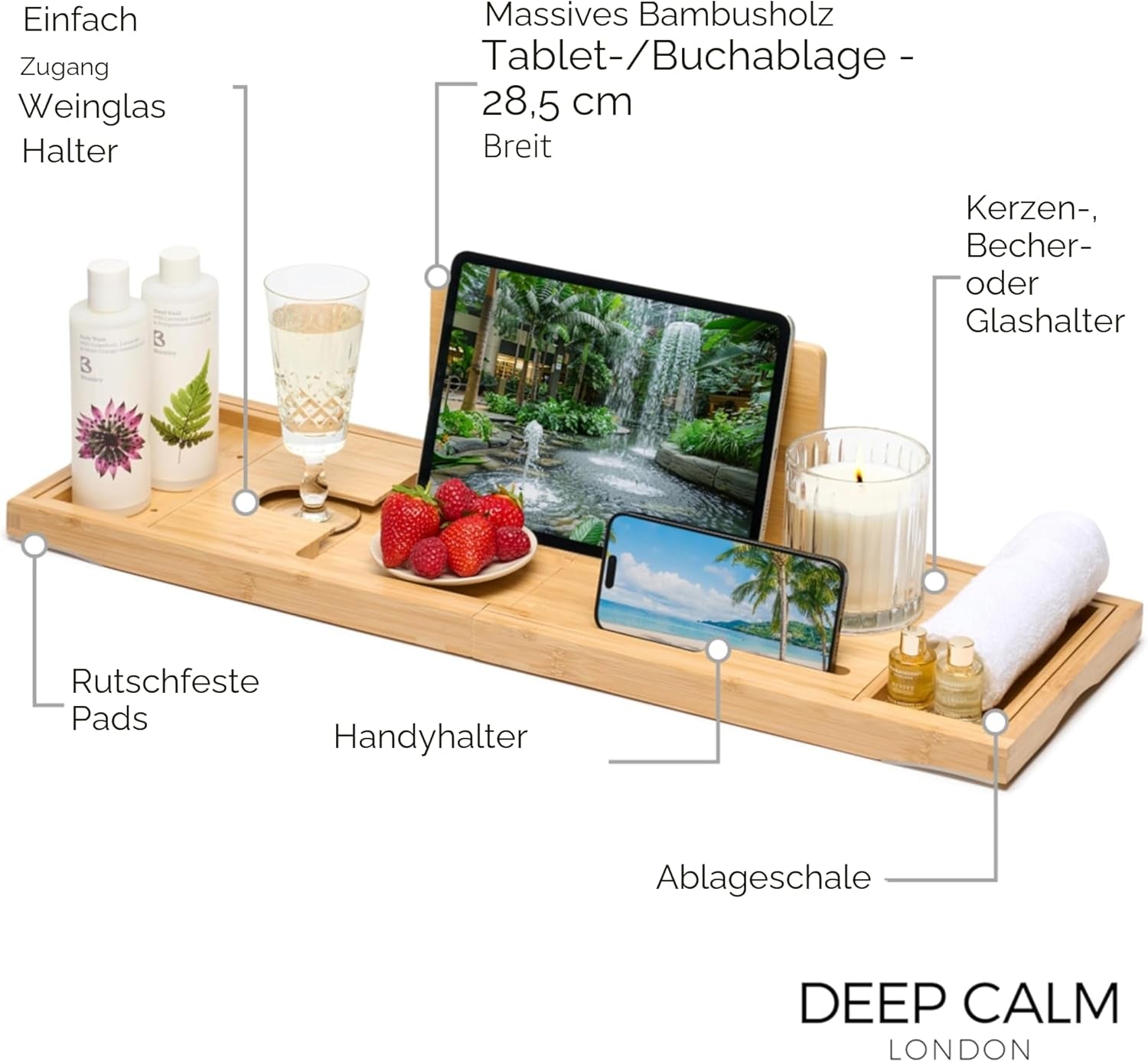 Badewannenablage - Verstellbares Bambus-Badewannenbrett - Rutschfeste Badewannenablage Passend Für Die Meisten Badewannen - Hält Buch, Ipad, Telefon, Glas, Kerze