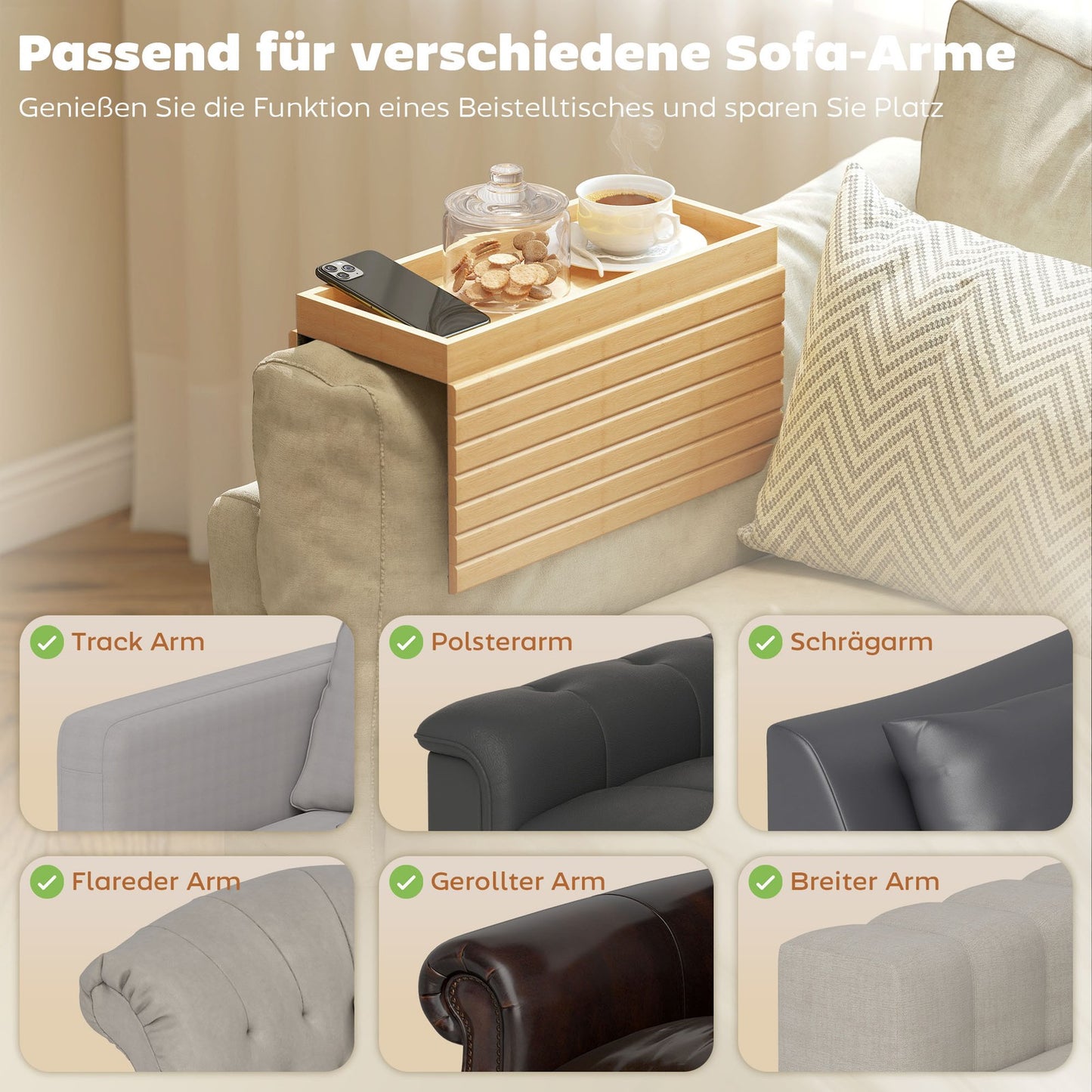 Sofatablett Armlehne Bambus Klappbar Sofa Tablett Mit Getränkehalter Anti-Rutsch
