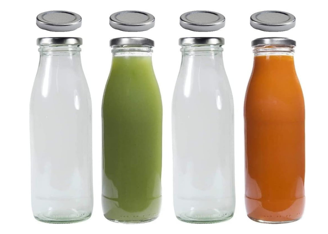 Glass Bottles with 8 Lids Silver with Tags 500Ml X 4
