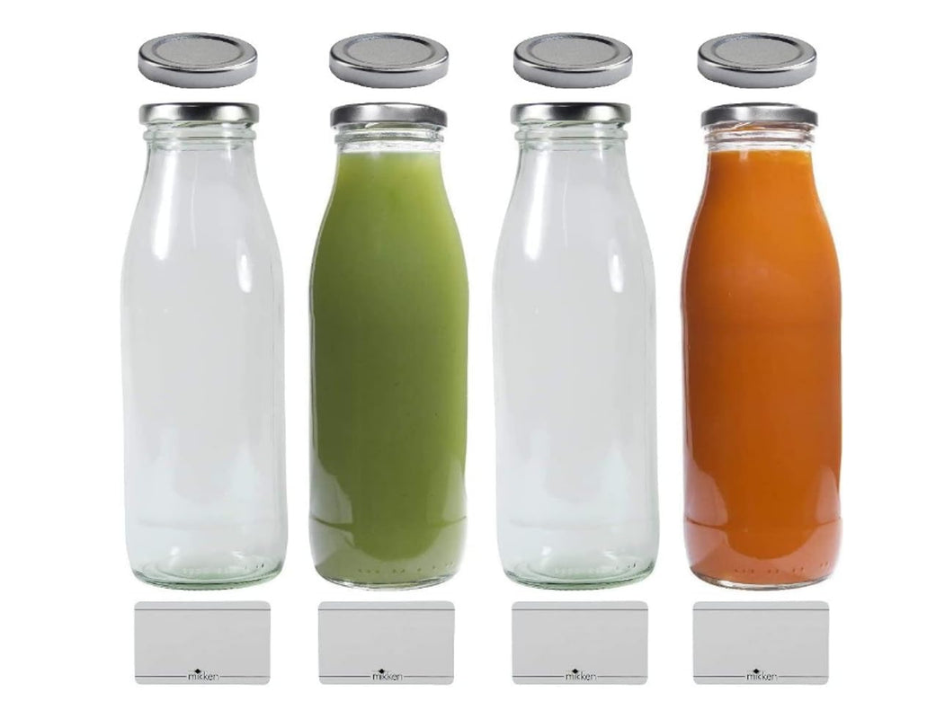 Glass Bottles with 8 Lids Silver with Tags 500Ml X 4