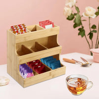 Qussse Bamboo Tea Bag Holder 9 Compartments 3 Floors Tea Bag Storage Organizer for Households Offices Cafes Tea Houses