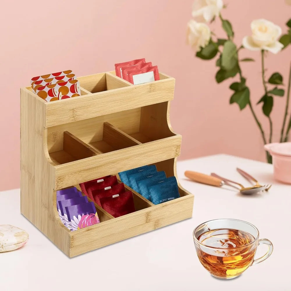 Qussse Bamboo Tea Bag Holder 9 Compartments 3 Floors Tea Bag Storage Organizer for Households Offices Cafes Tea Houses