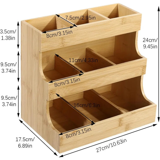 Qussse Bamboo Tea Bag Holder 9 Compartments 3 Floors Tea Bag Storage Organizer for Households Offices Cafes Tea Houses
