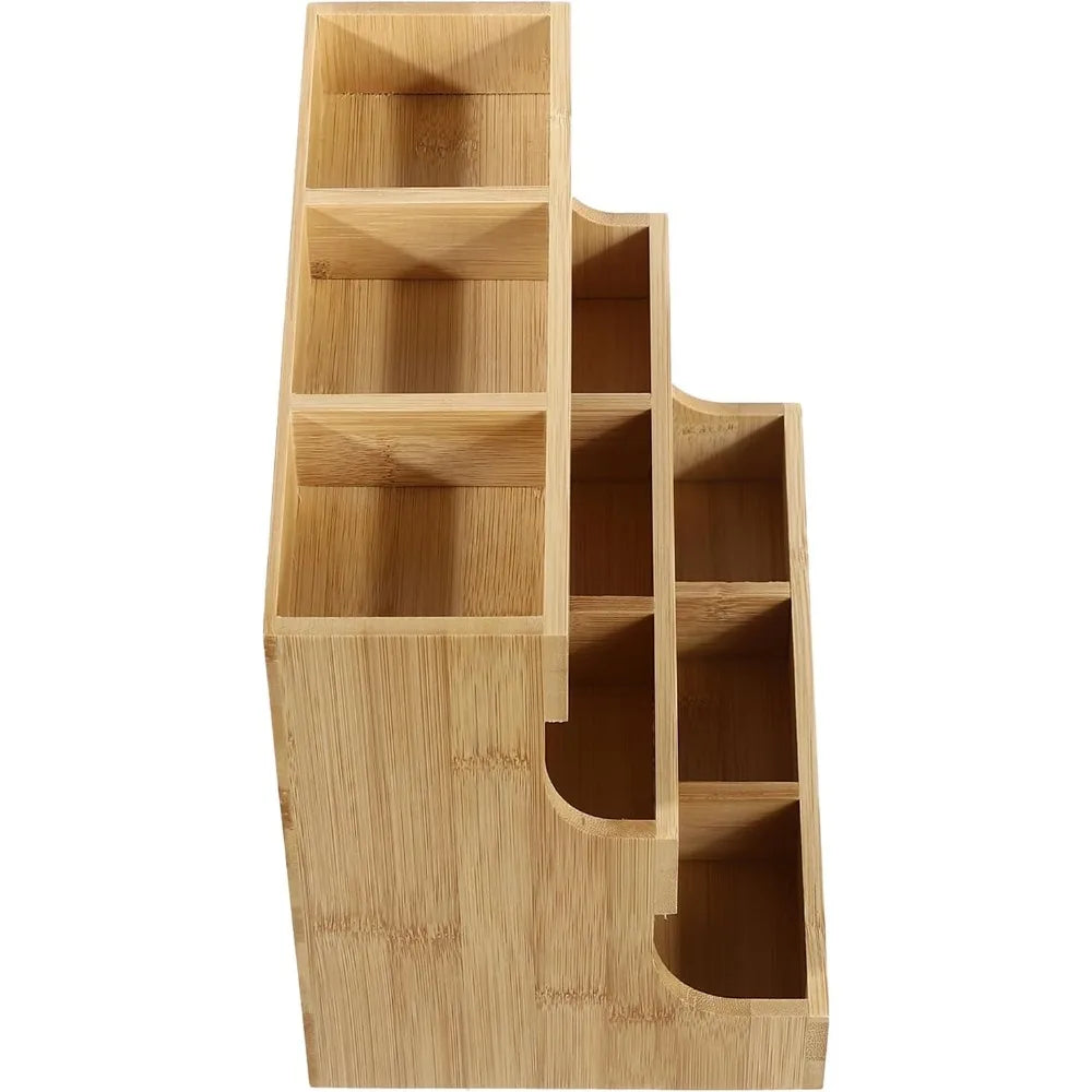 Qussse Bamboo Tea Bag Holder 9 Compartments 3 Floors Tea Bag Storage Organizer for Households Offices Cafes Tea Houses