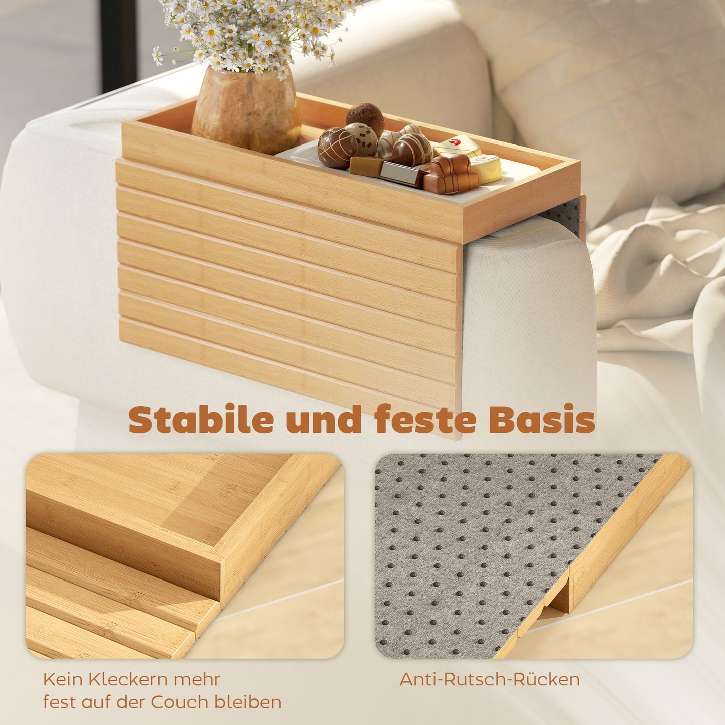 Sofatablett Armlehne Bambus Klappbar Sofa Tablett Mit Getränkehalter Anti-Rutsch
