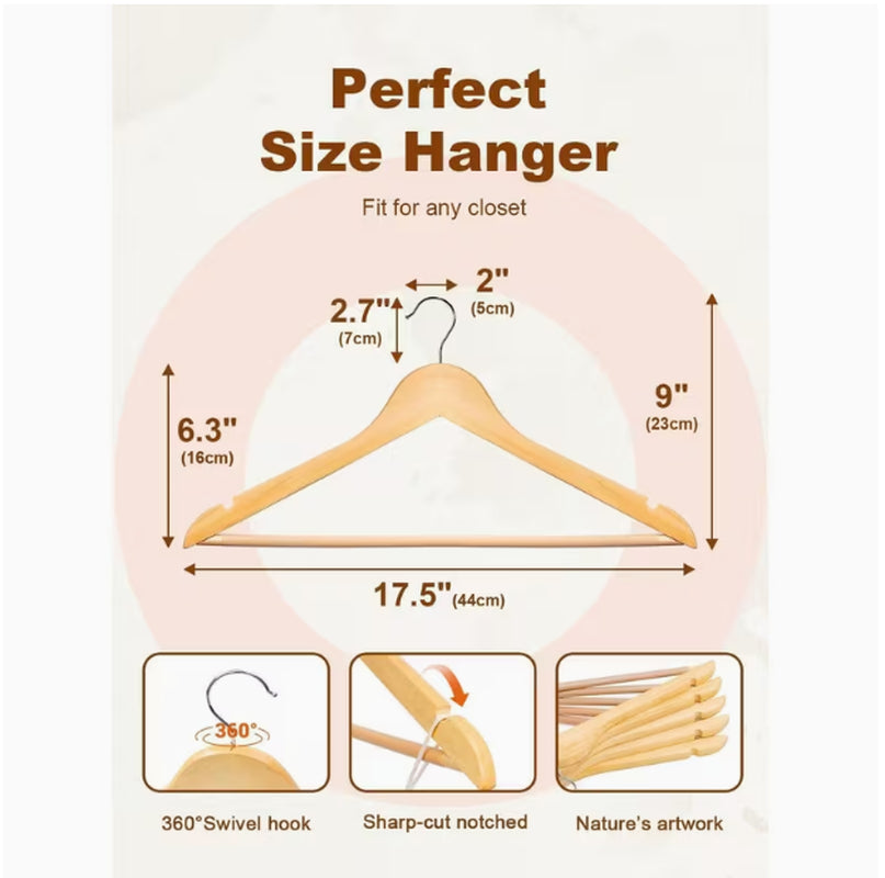 Wooden Hangers 10 Pack, Solid Wood Hanger with Non Slip Pant Bar, Heavy Duty