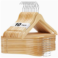 Wooden Hangers 10 Pack, Solid Wood Hanger with Non Slip Pant Bar, Heavy Duty